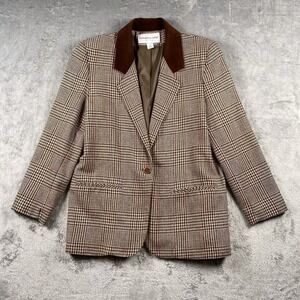 VTG Equestrian Blazer Womens 6P Brown Plaid Wool Blend Velvet Collar Preppy City